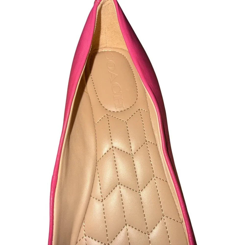 Coach Womens Pink Leather Ballet Flats Sz 5.5 Pointed Toe Bow Gold Hardware EUC